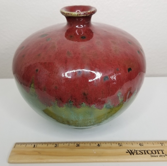 Stoneware Pottery Vase Drip Glaze on Multicolor Maroon Green Teal 6" - Picture 10 of 11